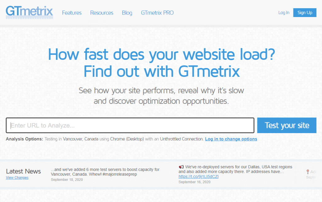 GTmetrix homepage