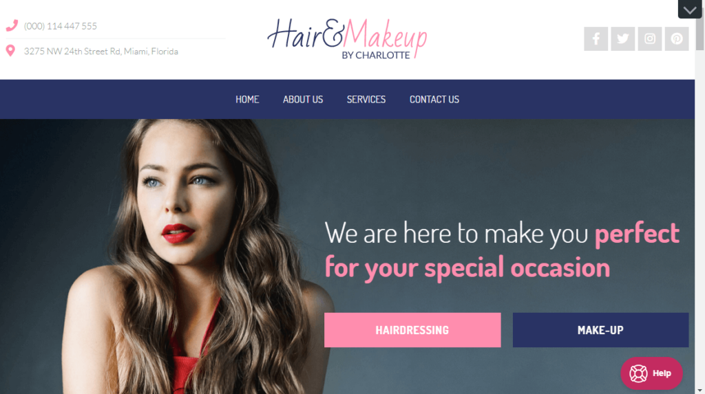 An example of Landing Factory's featured template for a homepage of a hair and makeup artists and studios website 