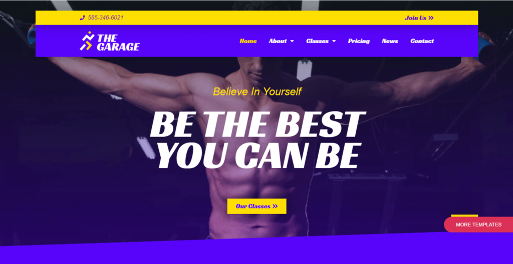 An example of Elementor PRO's template for a home and fitness website 