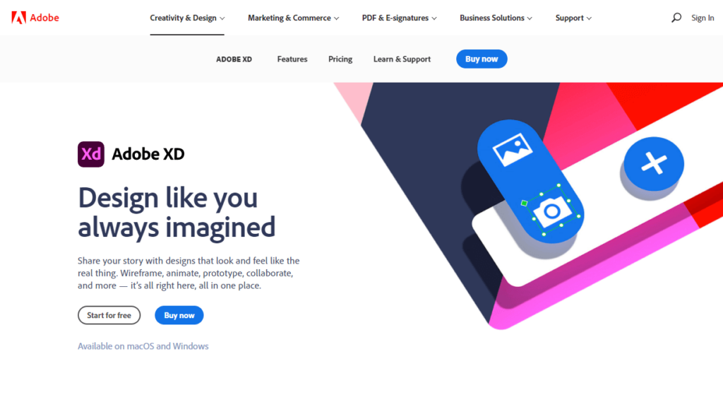 Adobe XD homepage
